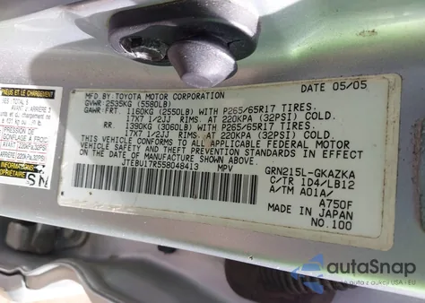 2005 Toyota 4Runner Limited V6 z USA, uszkodzony, nr VIN JTEBU17R558048413